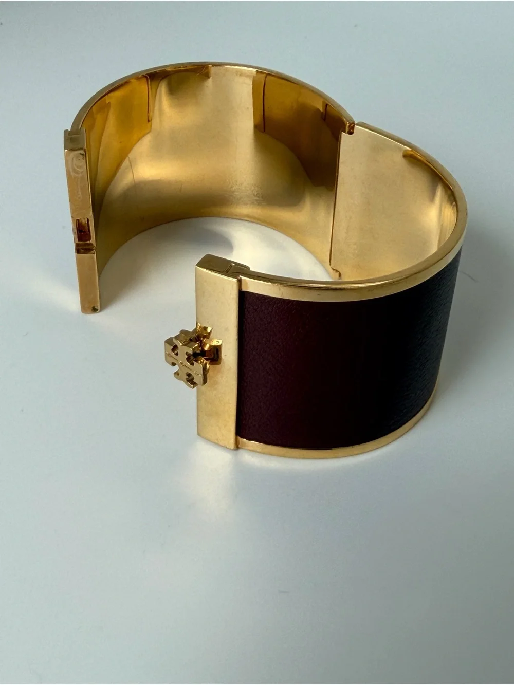 Tory Burch Burgundy Leather Gold Tone Wide Cuff Bracelet